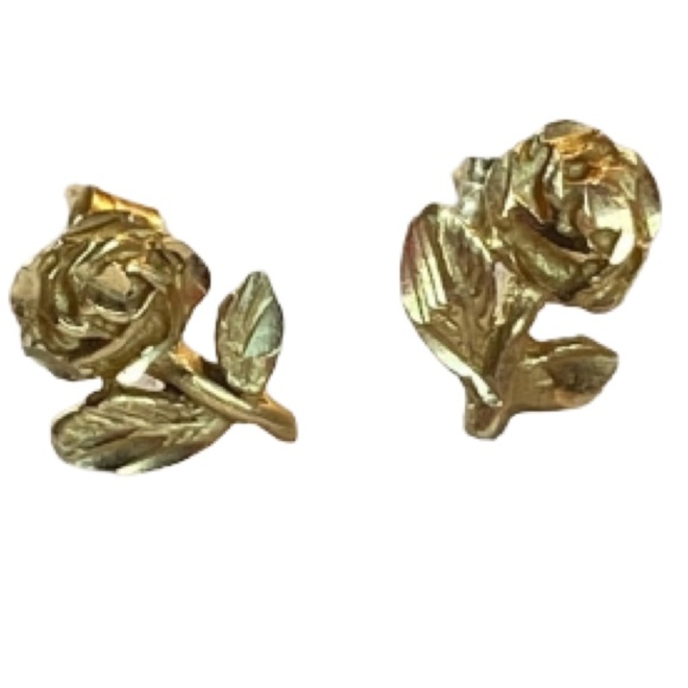 Vintage 14K Gold Delicate Rose Bloom Flower Stud Pierced Earrings - Picture 7 of 15
